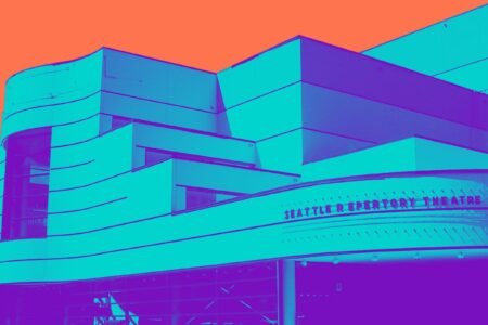 Colorful pop art style image of the Seattle Repertory Theatre. The building features a modern architectural design with bold lines and curves, set against a vivid orange sky.